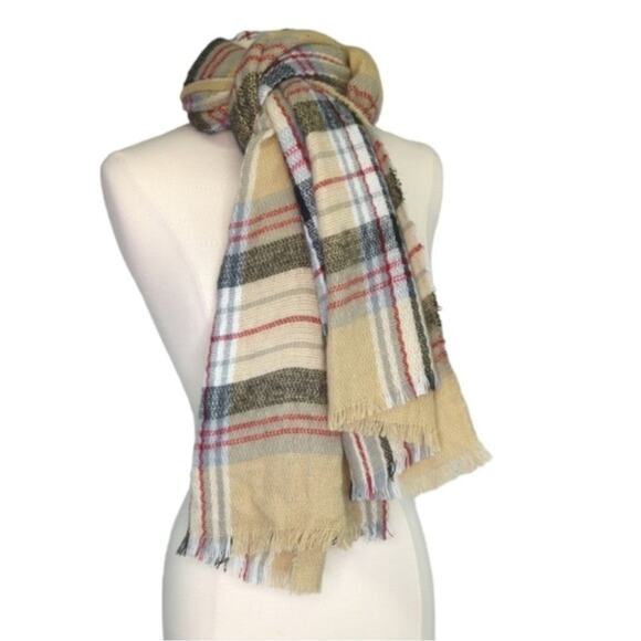 Beige Plaid Scarf Soft Cozy 80" x 26" Warm Winter Fringe Tartan Khaki - Picture 2 of 5